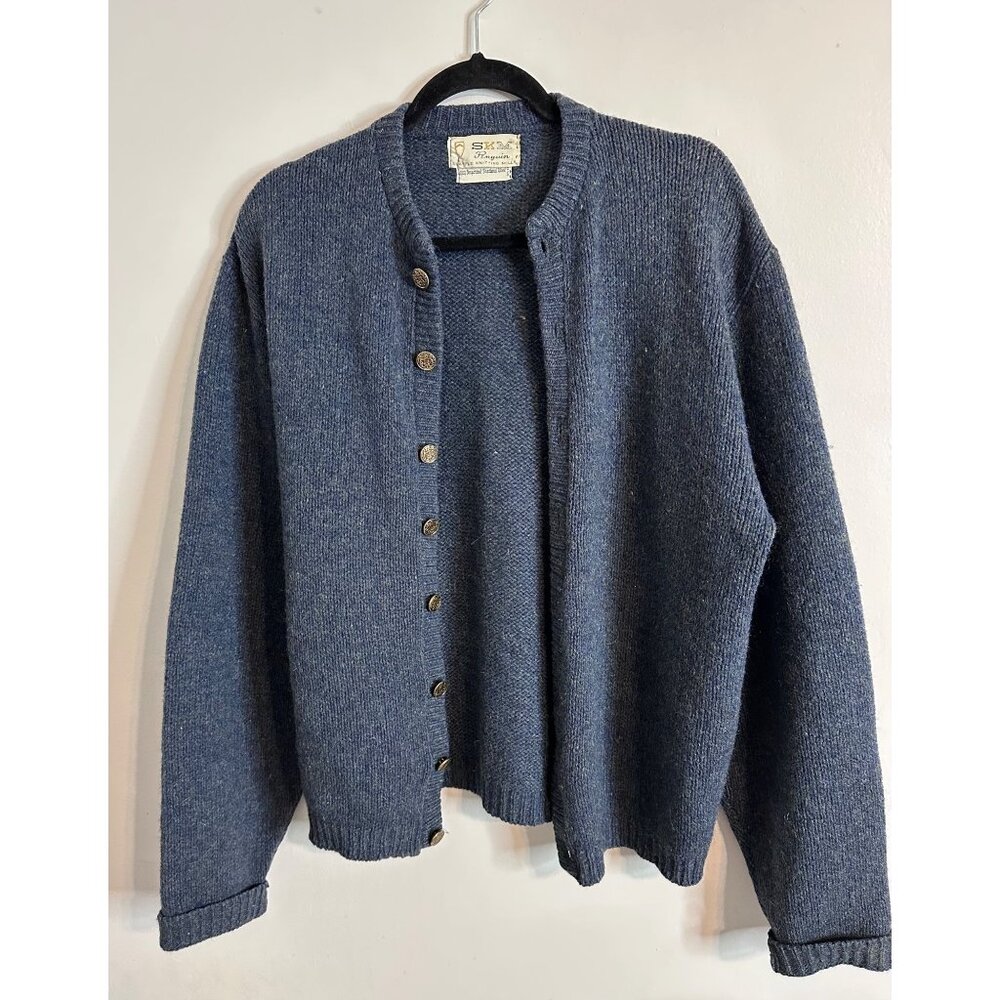 Vintage SKM Penguin 100% Shetland Wool Cardigan Elbow Patch USA